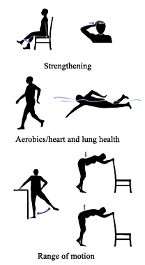 Illustration showing people doing strengthening, range of motion, and aerobics/heart and lung health exercises.